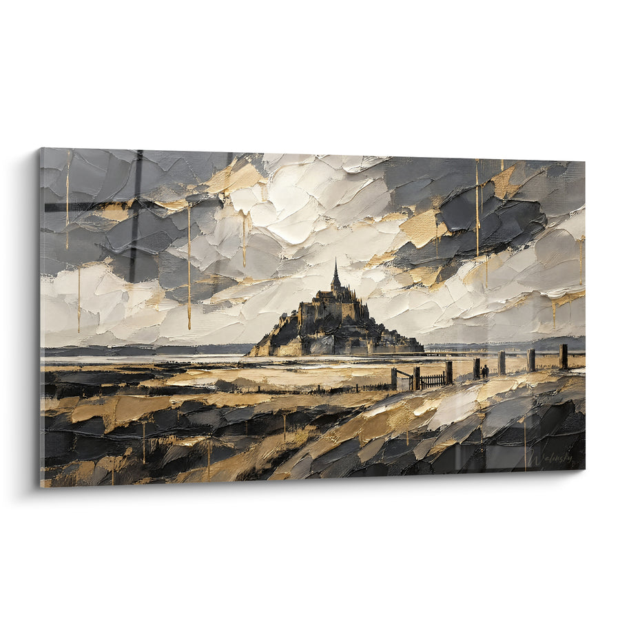Schilderij Abdij Gouden Reflecties in Anthracietgrijs - Stille Doortocht - Editie Mont Saint-Michel Normandïe Frankrijk