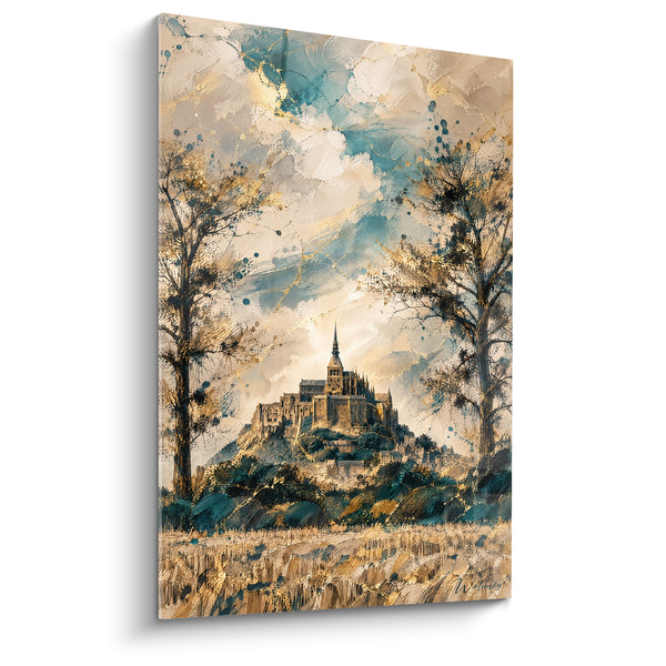 Painting Abbey golden and blue duckweed between two trees - Golden wheat field - Le Mont-Saint-Michel Edition Normandy France