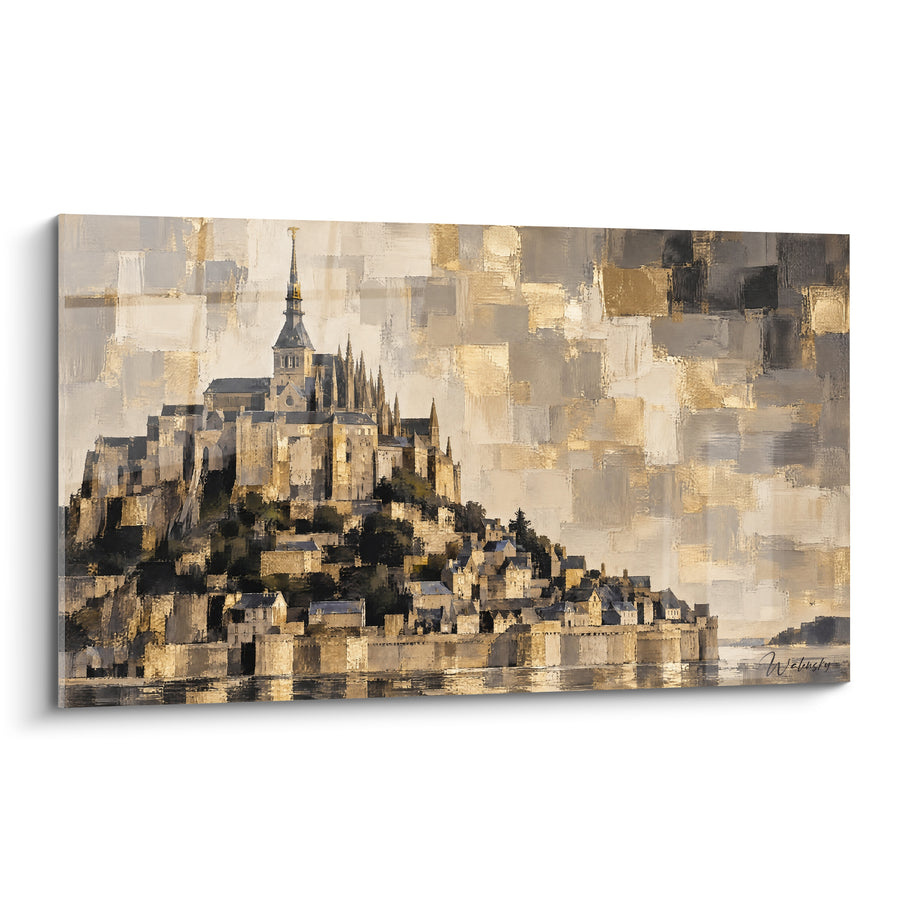 Schilderij Abdij Gouden met Zilveren Reflecties Geometrische - Gouden Ontwaking - Editie Mont-Saint-Michel Normandisch Frankrijk