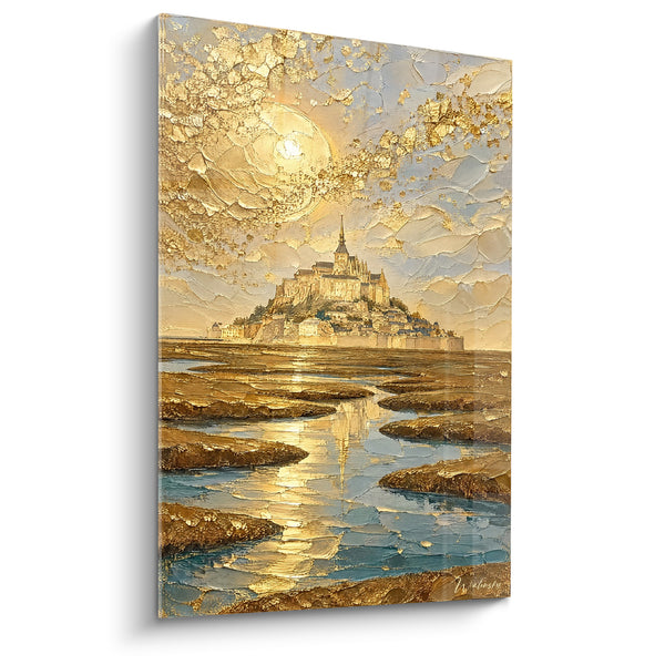 Tableau Abbaye dorée aux reflets bleutés sur grève - Lumière sur la grève - Edition Le Mont-Saint-Michel  Normandie  France