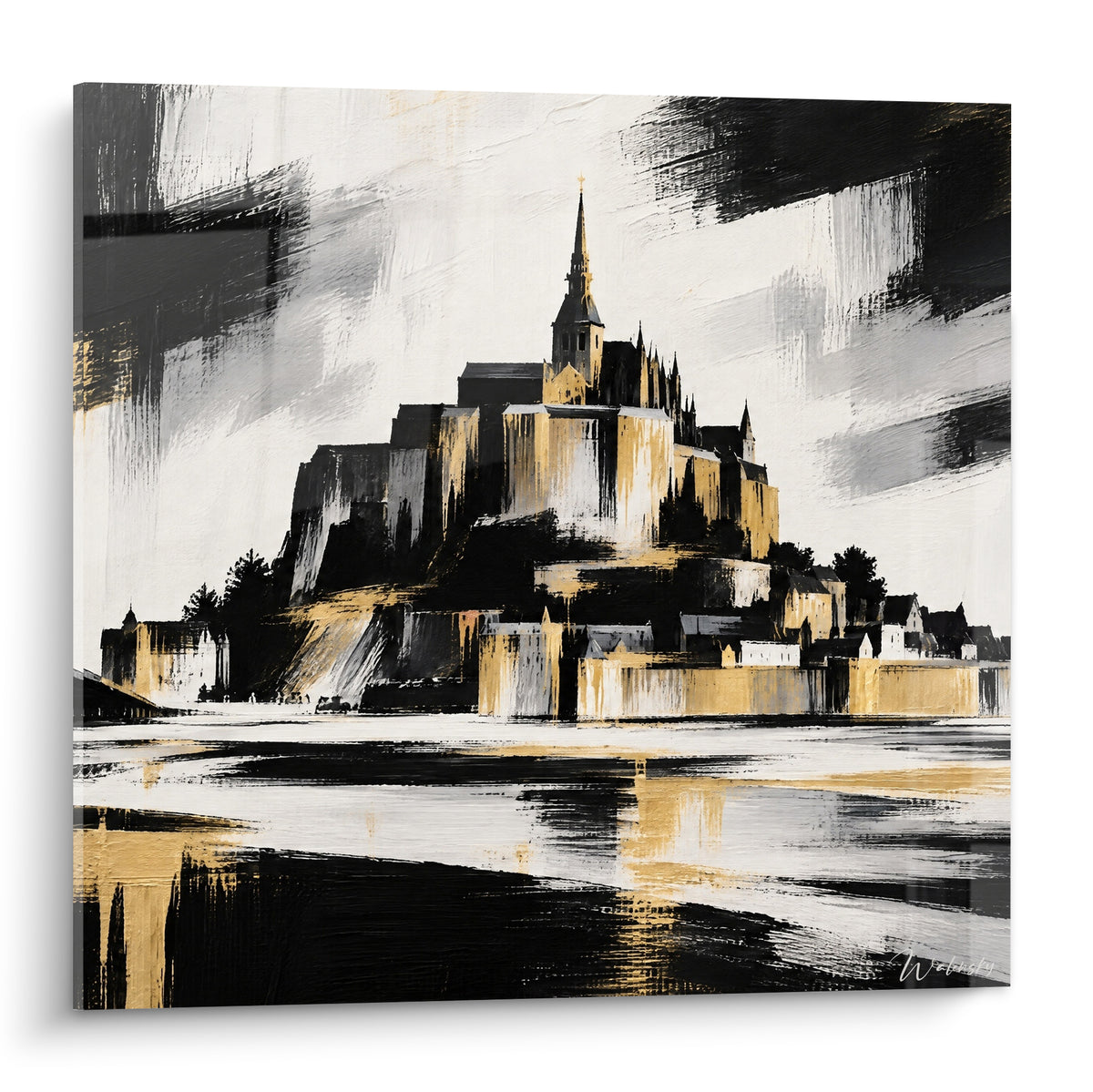 Schilderij gouden abdij van de Mont-Saint-Michel die afsteekt tegen een lucht in contrasterend zwart-wit
