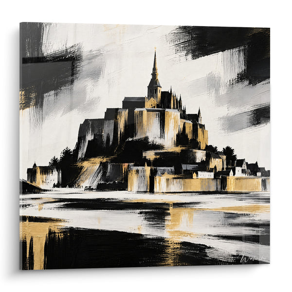 Schilderij Abdij Gouden Reflecties Zwart en Goud - Citadel van de Getijden - Editie Mont-Saint-Michel Normandisch Frankrijk