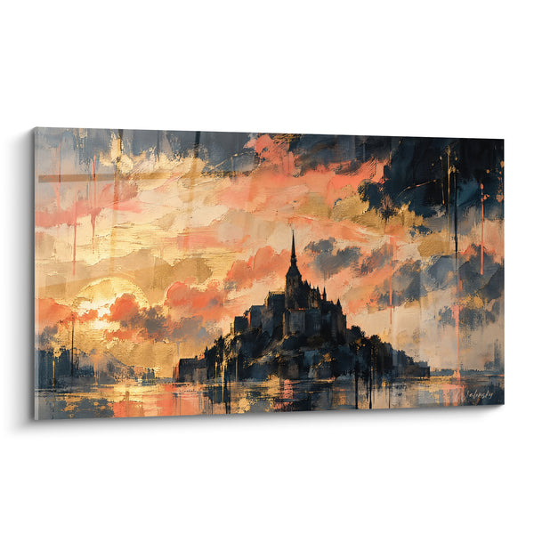 Tableau Abbaye noire et corail aux coulures verticales - Soleil rond au couchant - Edition Le Mont-Saint-Michel  Normandie  France