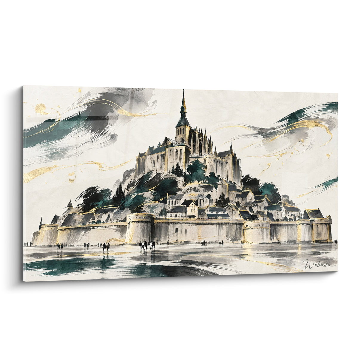 Abbaye du Mont-Saint-Michel dorée et sarcelle, flèche gothique sur fond ivoire brumeux