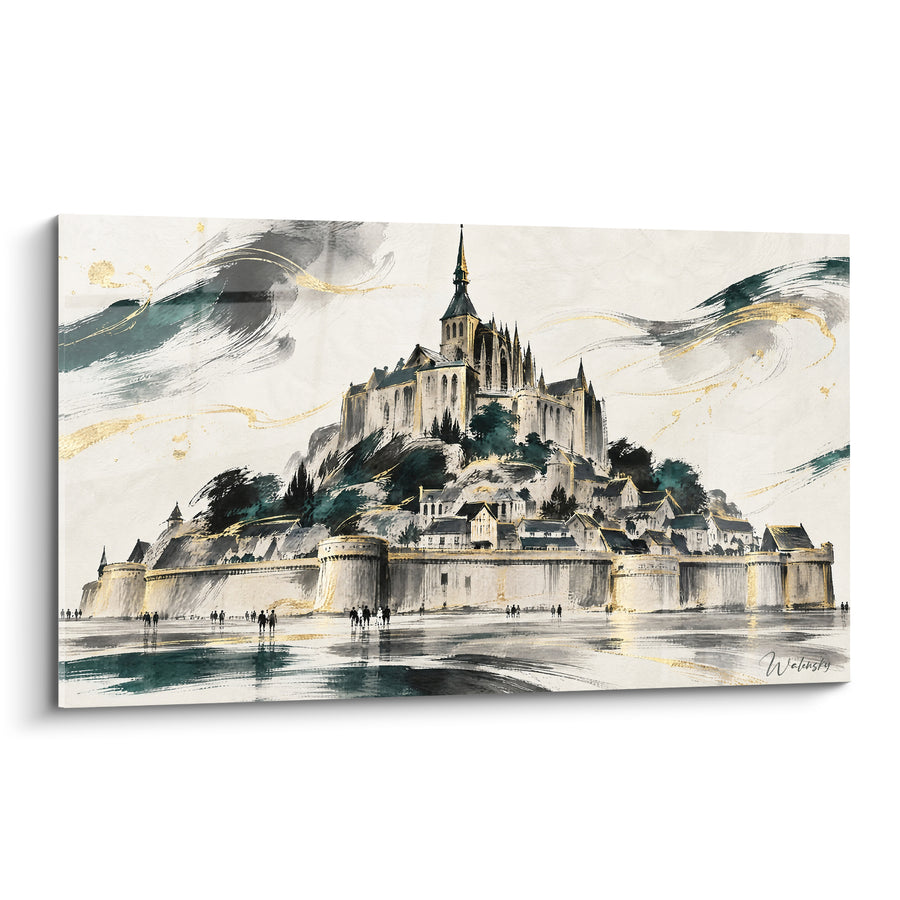 Schilderij Abdij Gouden Muren ivoor en tureluur - Stilte van de Getijden - Editie Mont Saint-Michel Normandïe Frankrijk