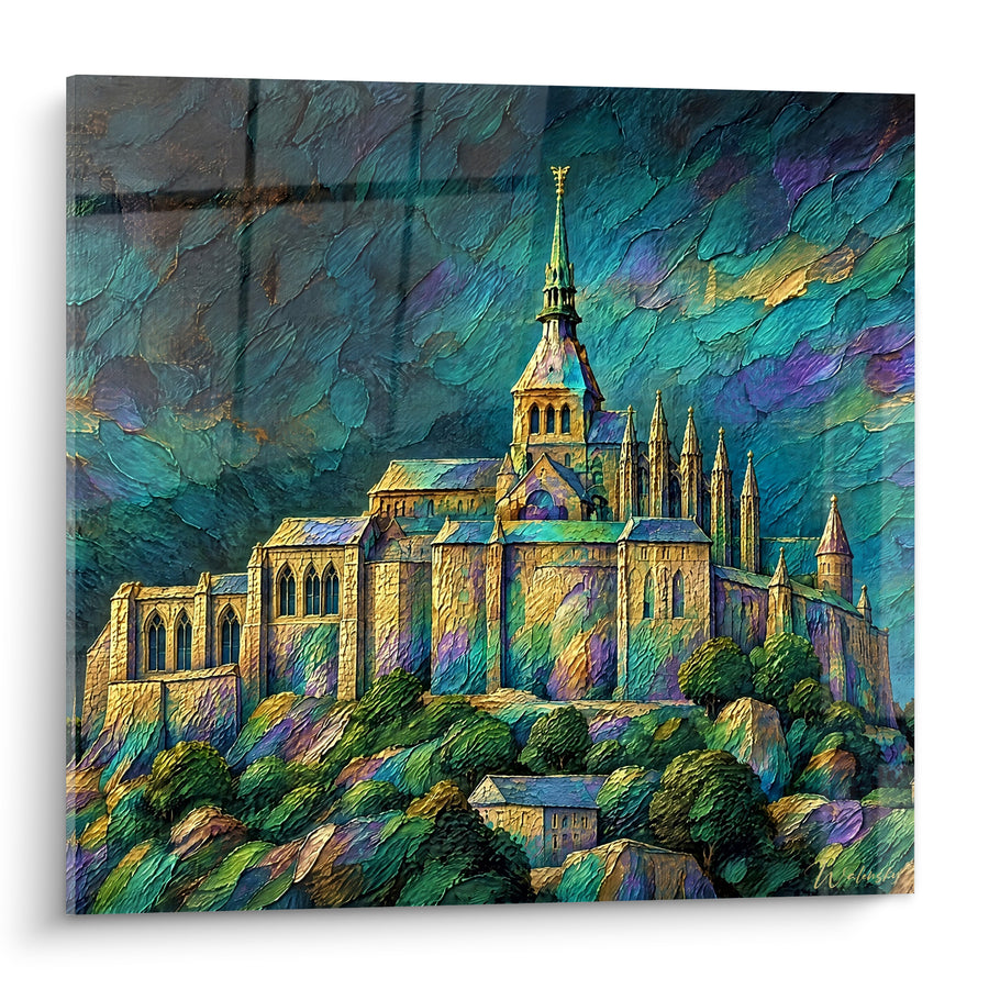 Tableau Abbaye dorée aux reflets turquoise et violets - Veille nocturne - Edition Le Mont-Saint-Michel  Normandie  France