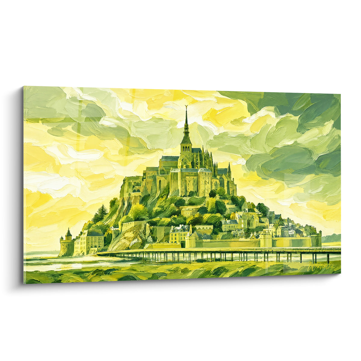 Mont-Saint-Michel peint en vert olive et jaune doré, ciel nuageux expressif, abbaye en lumière