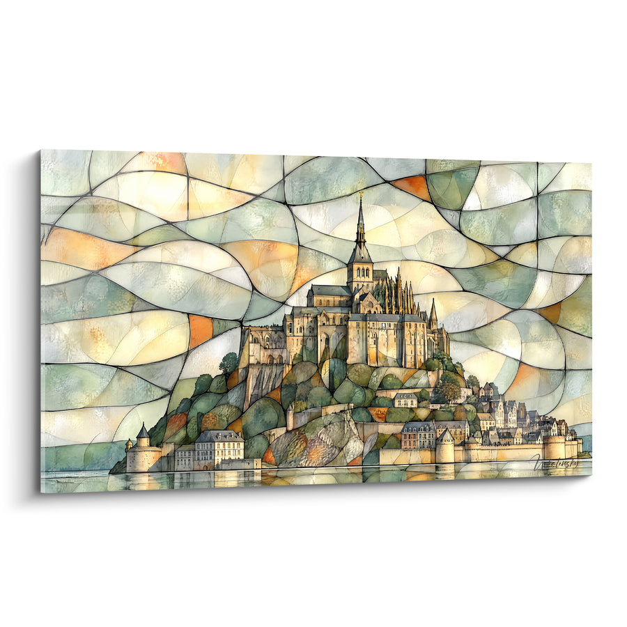 Painting Abbey of Gold with Sage Green Curves - Medieval Reverie - Limited Edition The Mont Saint-Michel Normandy France