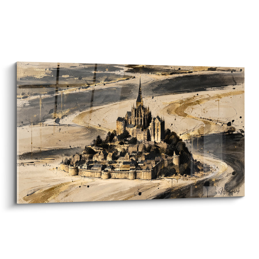 Gilded Mont Saint-Michel Painting with Sandy Coves - Flight Over the Sands - The Mont Saint-Michel Normandy Edition France