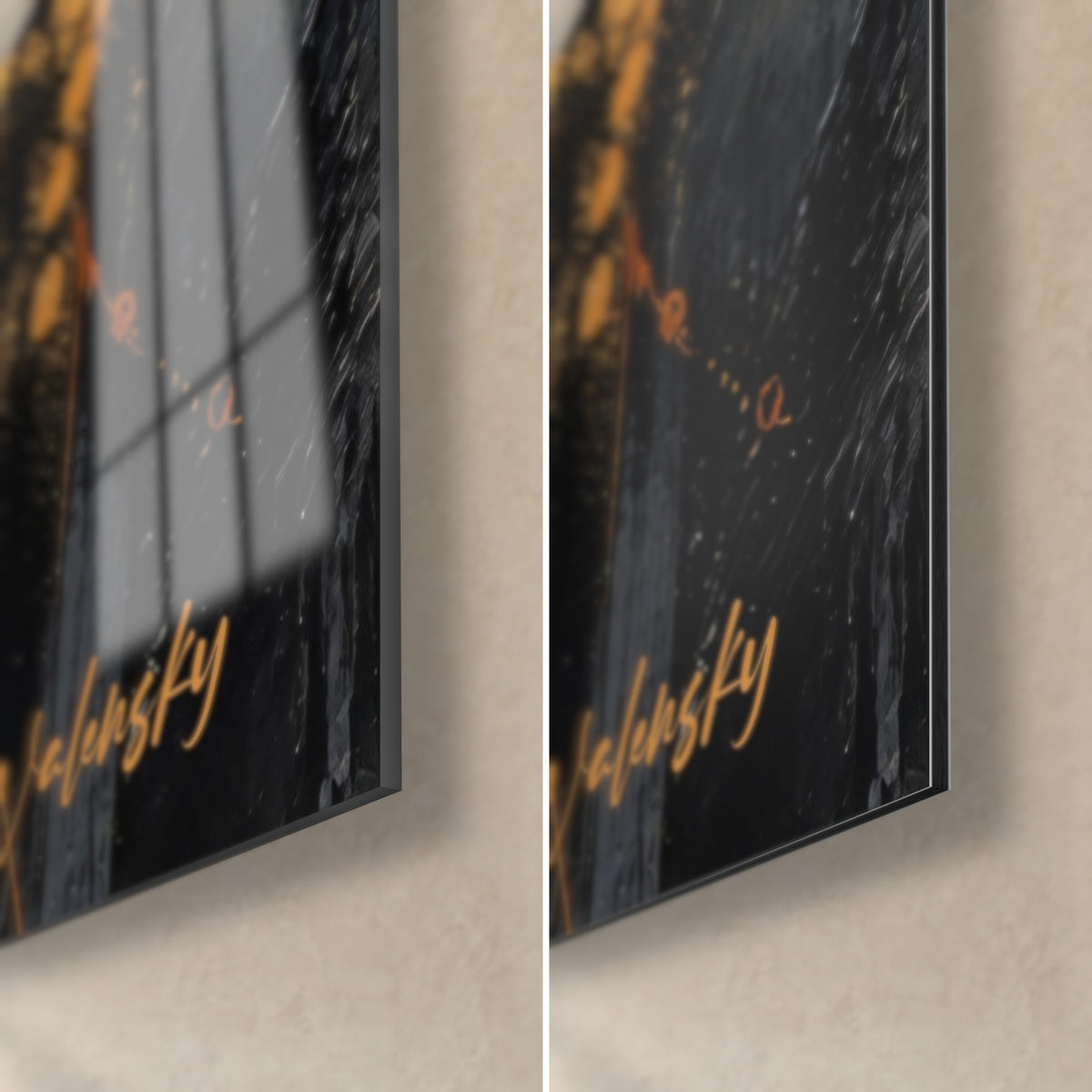 Schilderij abdij in getextureerde verf, rechtsonder: gouden signatuur op zwarte achtergrond, glanzend glas en mat Dibond, rand van 3 mm