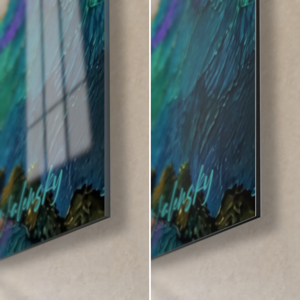 Schilderij middeleeuws stadje op de rots, rechtsonder: glanzend acrylglas links, mat geborsteld Dibond-aluminium rechts, 3 mm rand