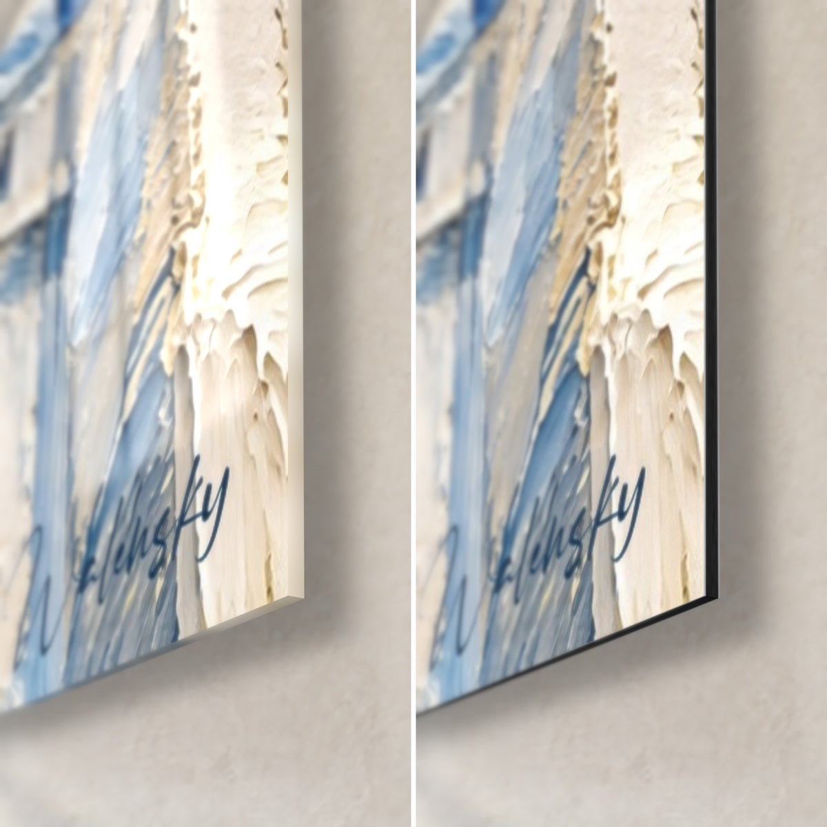 Wall art ivory cathedral under thick blue clouds, bottom right corner: glossy glass on the left, matte Dibond on the right