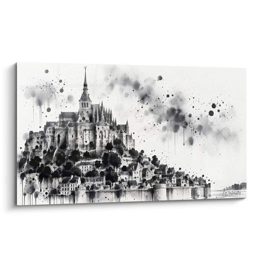Tableau Abbaye noir et blanc aux éclaboussures d'encre - Mémoire d'encre - Edition Le Mont-Saint-Michel  Normandie  France