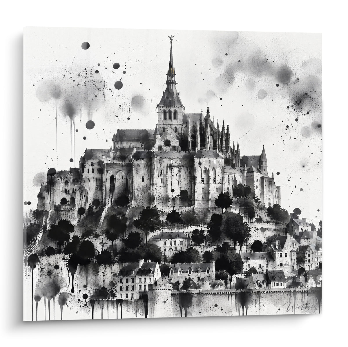 Schilderij Mont-Saint-Michel in zwarte en witte inkt, spatten en gouden torenspits op een lichte achtergrond