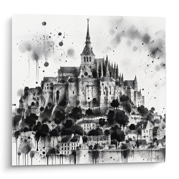 Schilderij Abdij zwart en wit met inktspatten - Hemels duizeligheid - Editie Mont Saint-Michel Normandïe Frankrijk