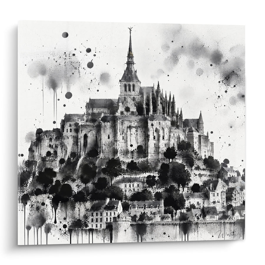 Tableau Abbaye noire et blanche aux éclaboussures d'encre - Vertige céleste - Edition Le Mont-Saint-Michel  Normandie  France
