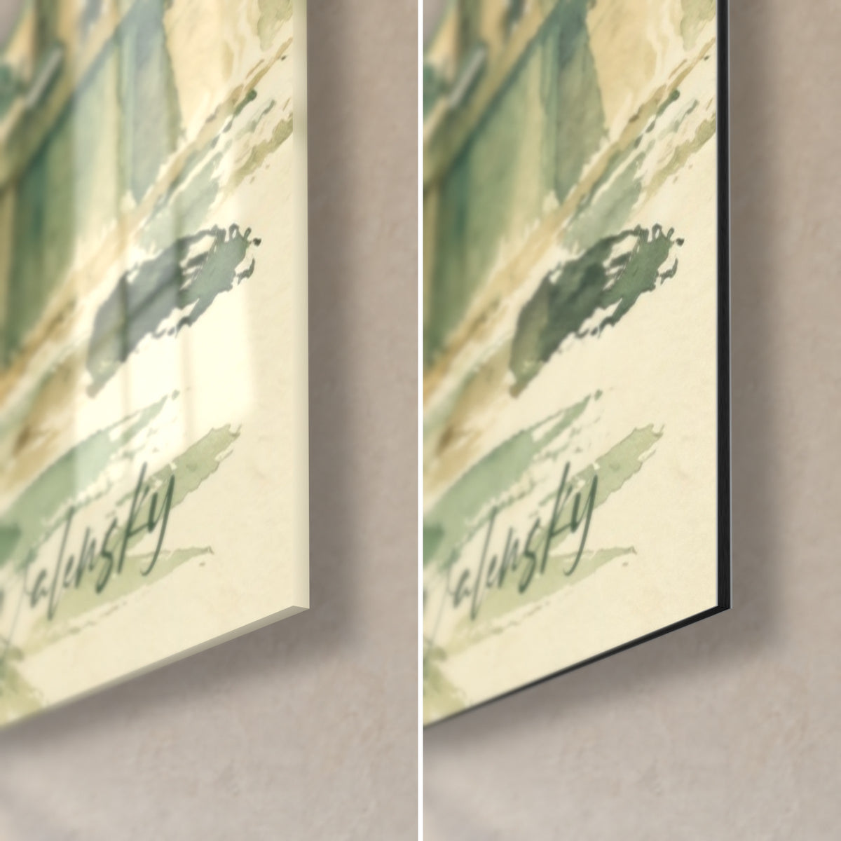Wall art Mont citadel in watercolour, bottom right corner: glossy acrylic glass and matte black Dibond, 3 mm edge