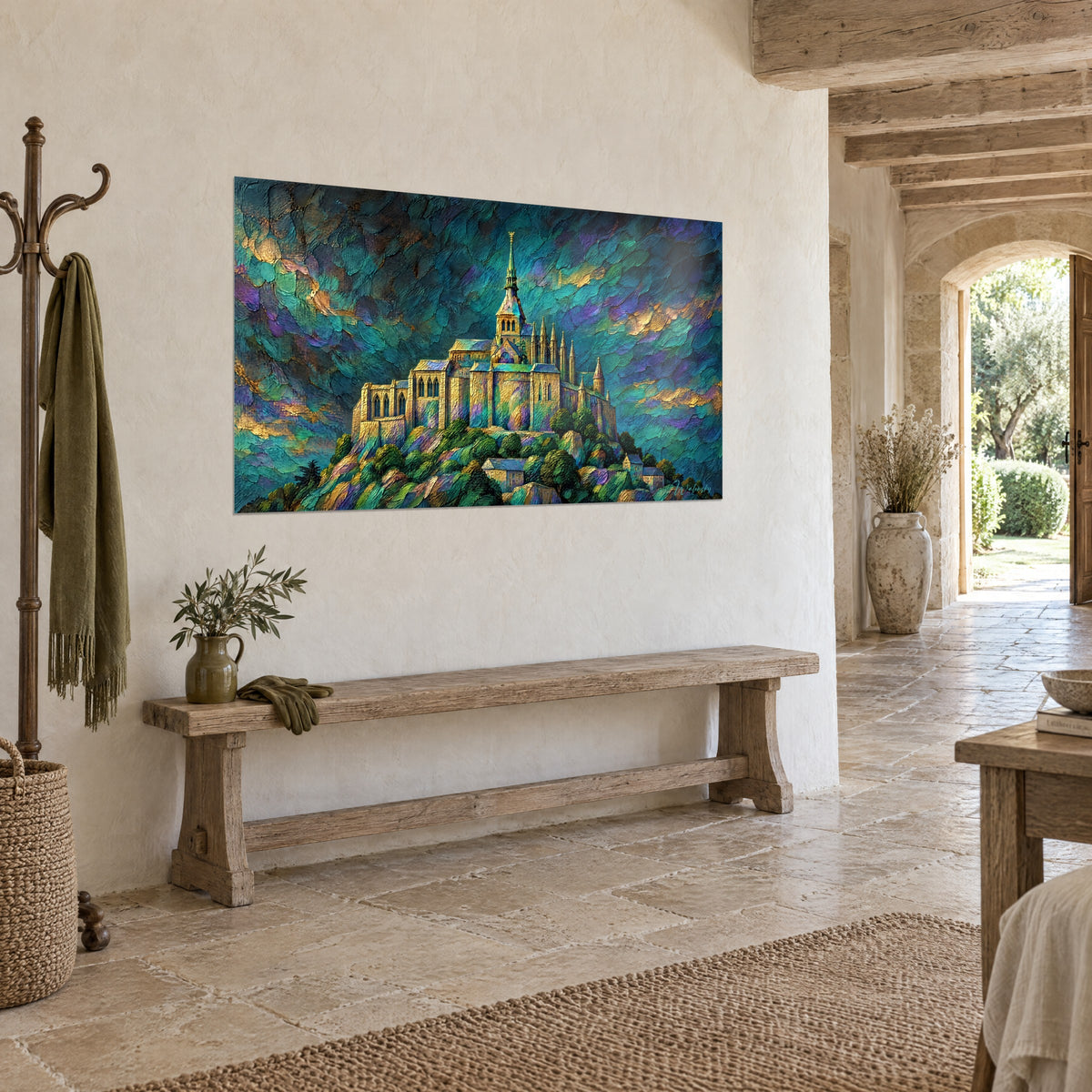 Schilderij Mont-Saint-Michel met zijn gouden spits, groenblauwe lucht met paarse strepen, aan een stenen muur, drie-kwart zicht