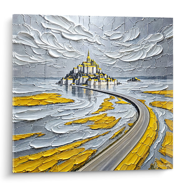 Schilderij Abdij grijs en goud breed - Weg naar de breedte - Editie Mont-Saint-Michel Normandïe Frankrijk