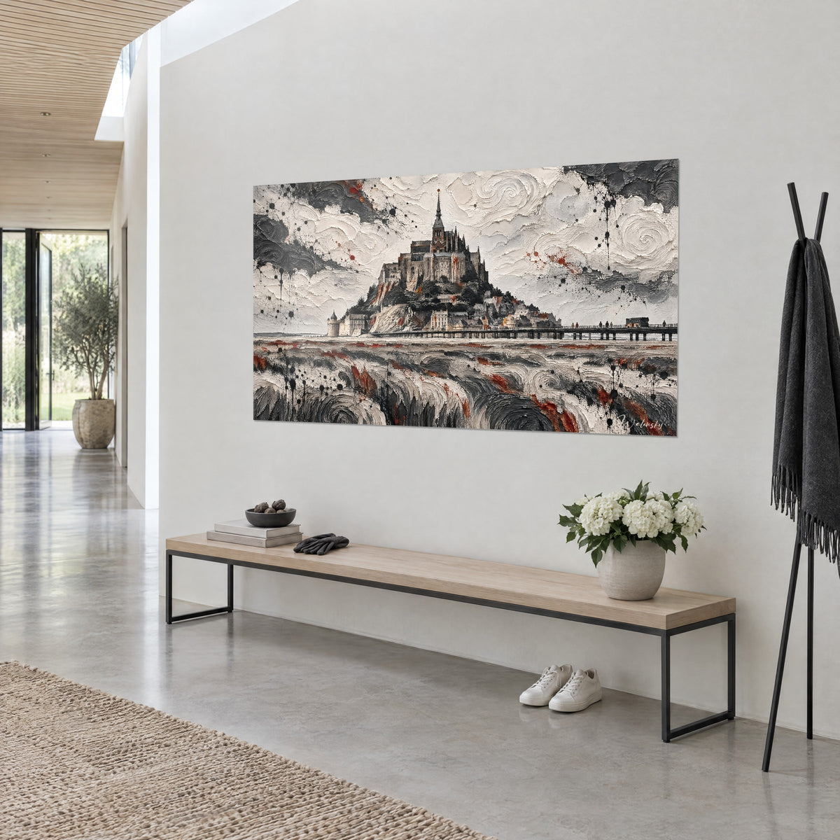 Quadro rocca fortificata con torrette nere su cielo color crema a volute, schizzi ruggine, vista di tre quarti in un corridoio chiaro