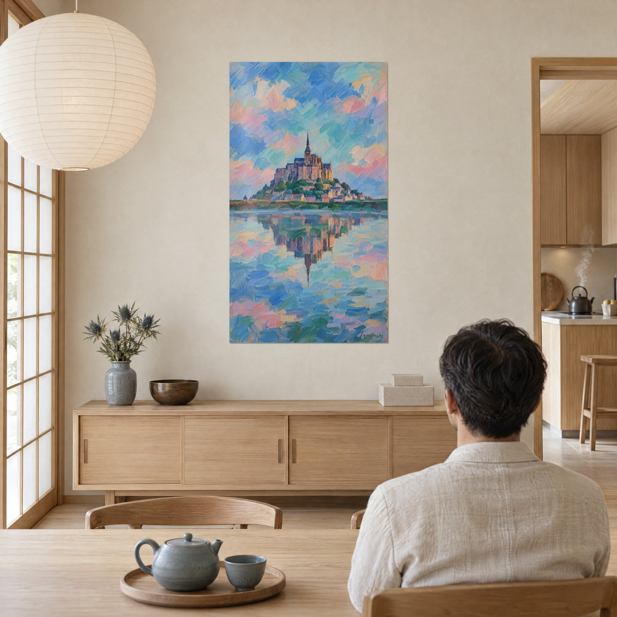 Wall art rock crowned by a Gothic abbey, pastel pink and blue sky, man seen from behind seated at a table near a teapot