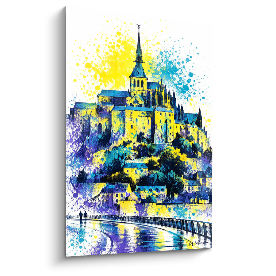 Painting Abbey yellow and blue on splashes - Promenade towards the light - Le Mont-Saint-Michel Edition Normandy France