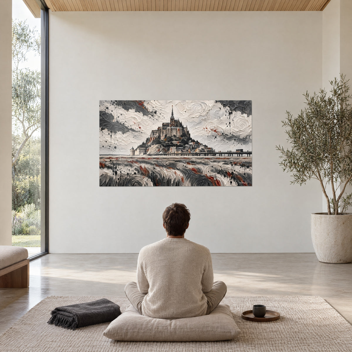 Quadro sagoma di abbazia coronata da una guglia, onde di materia grigio perla e ocra, uomo seduto di spalle, sala con pareti chiare