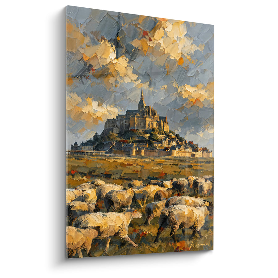 Painting Abbey of Gold and Grey Sheep Sky - Eve of Shepherds - Le Mont-Saint-Michel Edition Normandy France