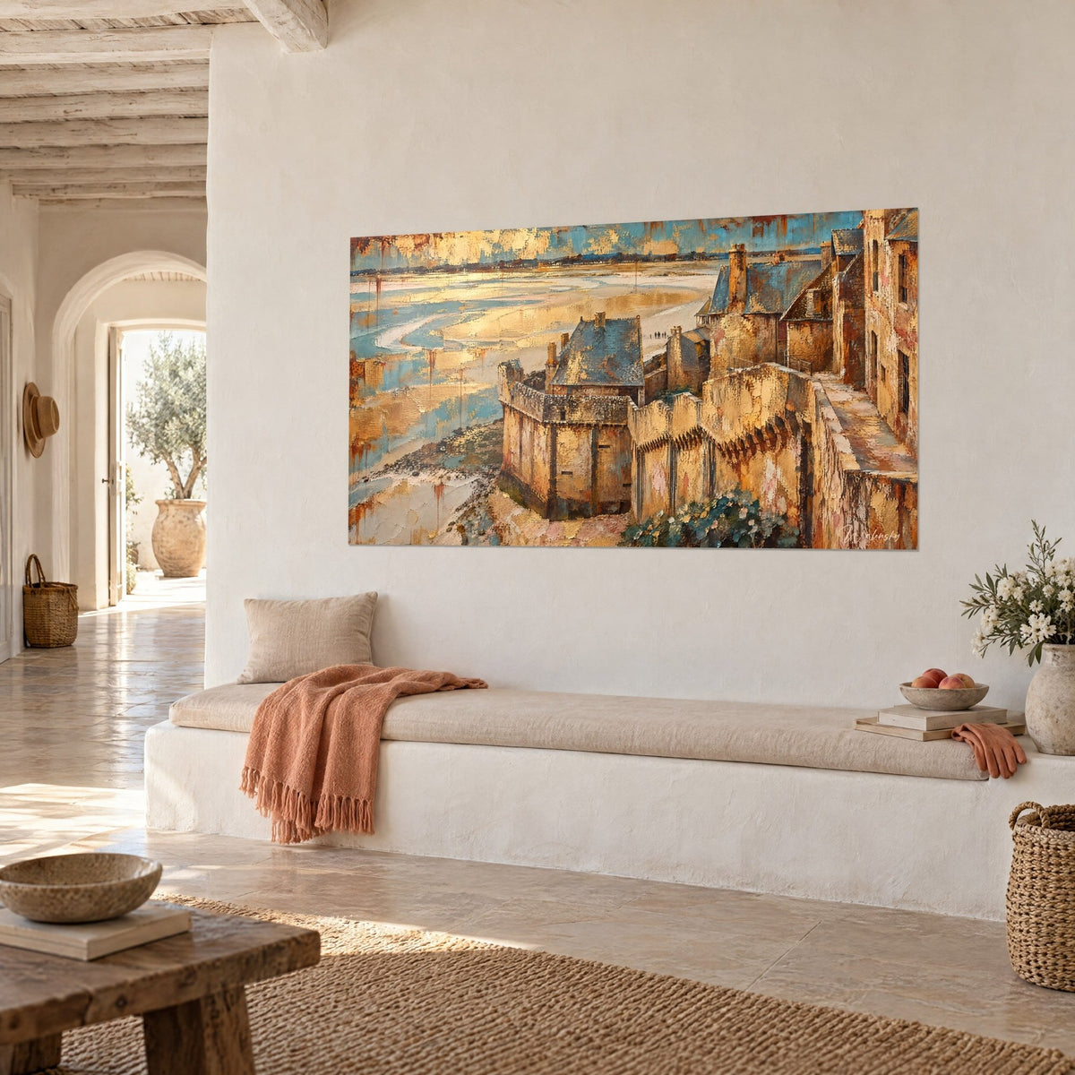 Gemälde mittelalterliche Festung mit bläulich schieferfarbenen Dächern und safrangelbem Stein, glitzernder Sand, Dreiviertelansicht, mediterranes Haus