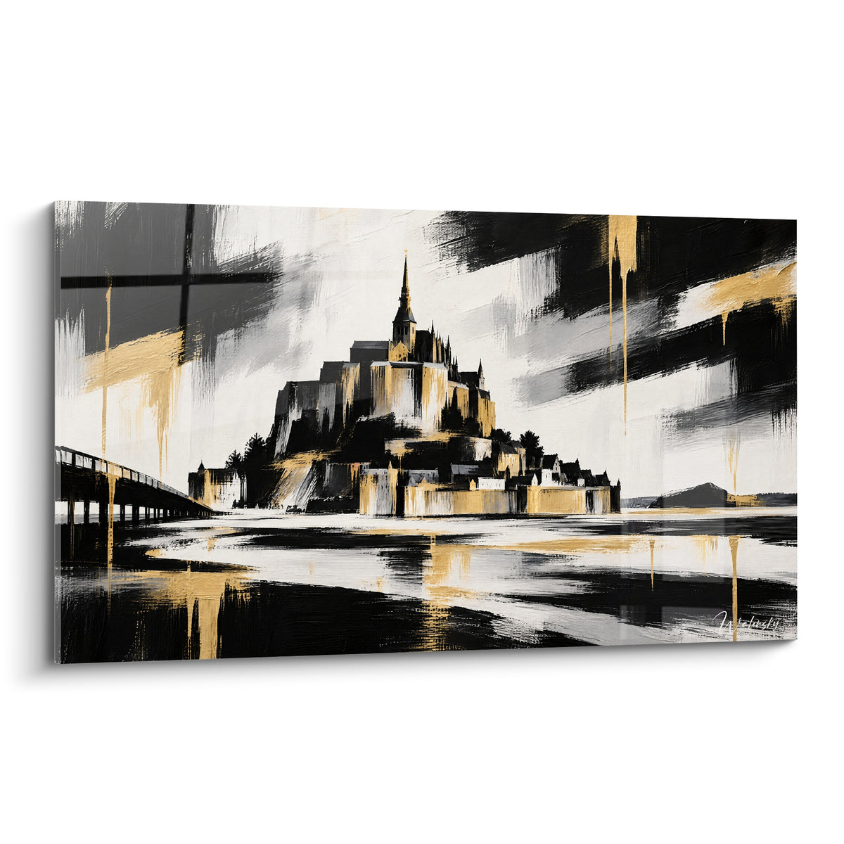 Mont-Saint-Michel abstrait en noir et doré, coulures verticales et reflets dans l'eau de la baie