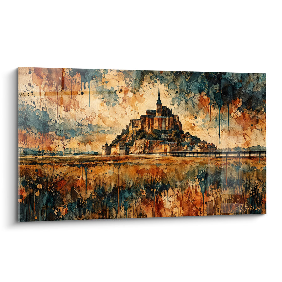 Tableau Abbaye ocre et bleu pétrole aquarelle - Mémoire des marées - Edition Le Mont-Saint-Michel  Normandie  France