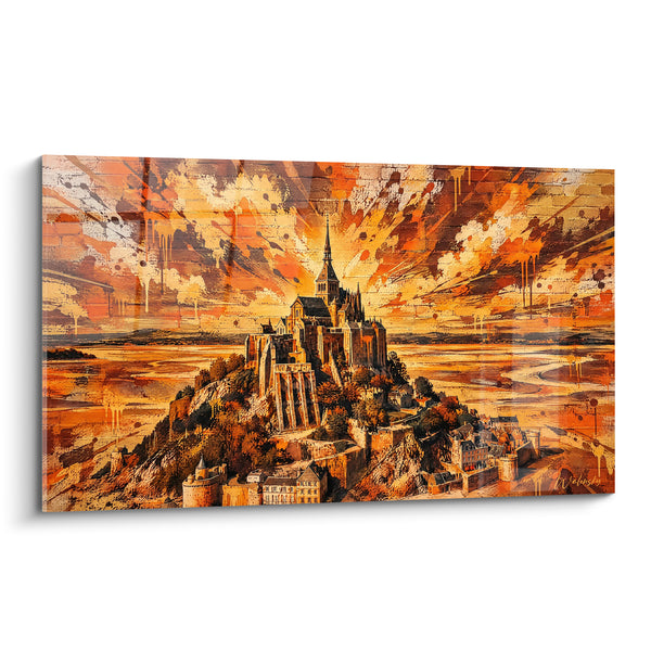 Tableau Abbaye ocre et flammes de couleurs éclatées - Éveil flamboyant - Edition Le Mont-Saint-Michel  Normandie  France