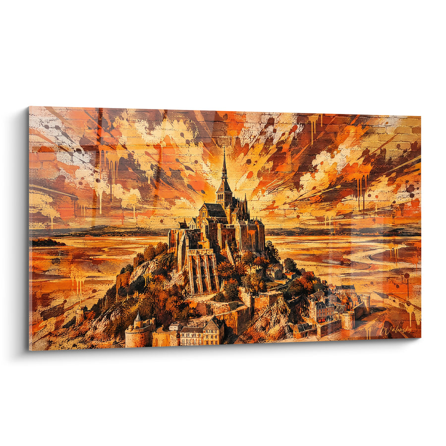 Painting Abbey Ochre and Flames of Vibrant Colors - Flaming Awakening - Limited Edition The Mont Saint-Michel Normandy France