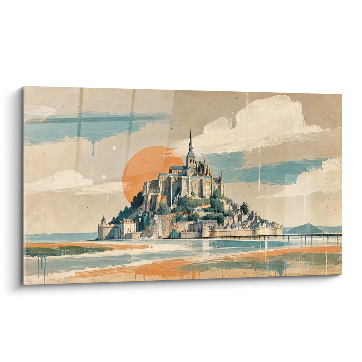 Abbaye du Mont-Saint-Michel aux tons ocre et bleu pastel, soleil orangé en arrière-plan, style rétro