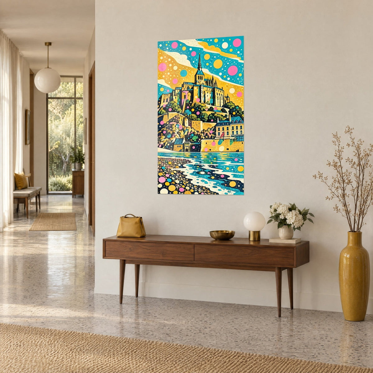 Quadro cittadella medievale dalle guglie dorate, mare turchese e pallini rosa vivo, vista di tre quarti su una consolle in legno