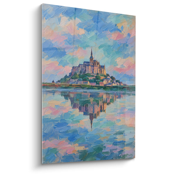 Painting Abbey blue and pink reflections Impressionist - Celestial Mirror - Limited Edition The Mont Saint-Michel Normandy France