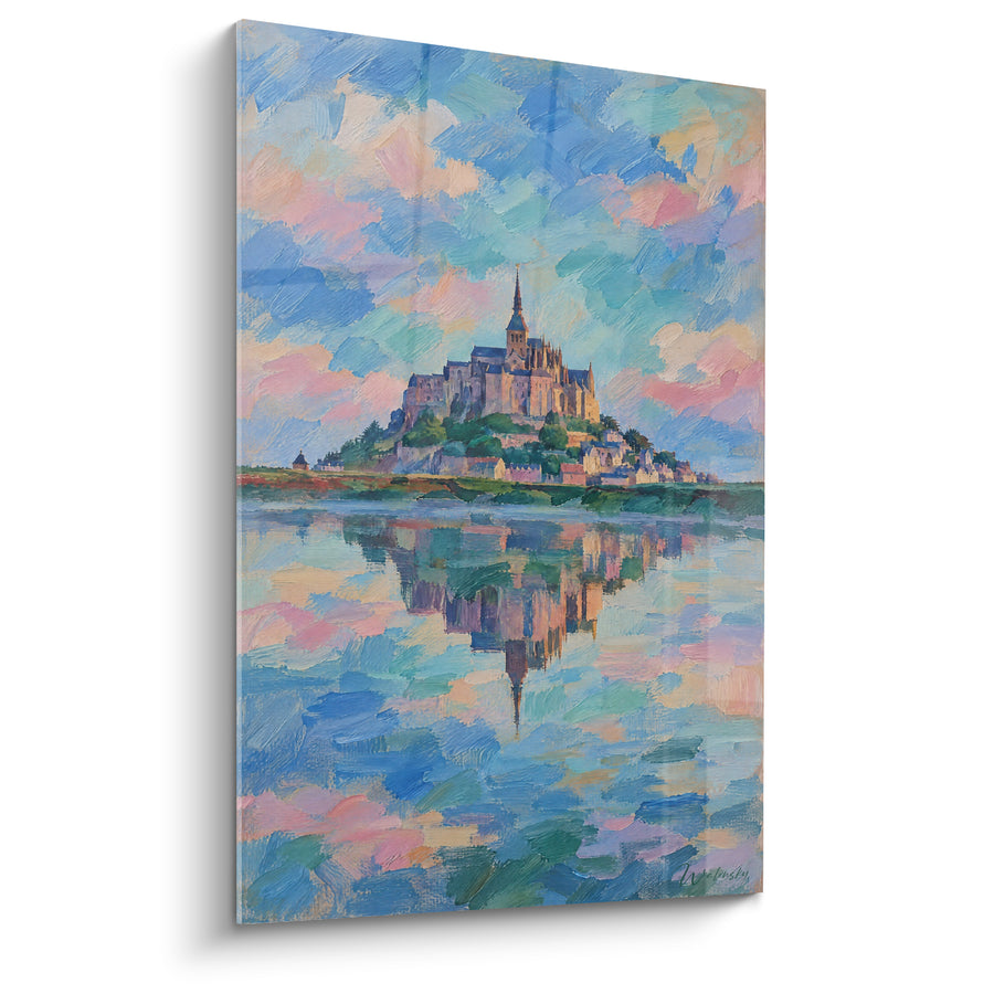 Painting Abbey blue and pink reflections Impressionist - Celestial Mirror - Limited Edition The Mont Saint-Michel Normandy France