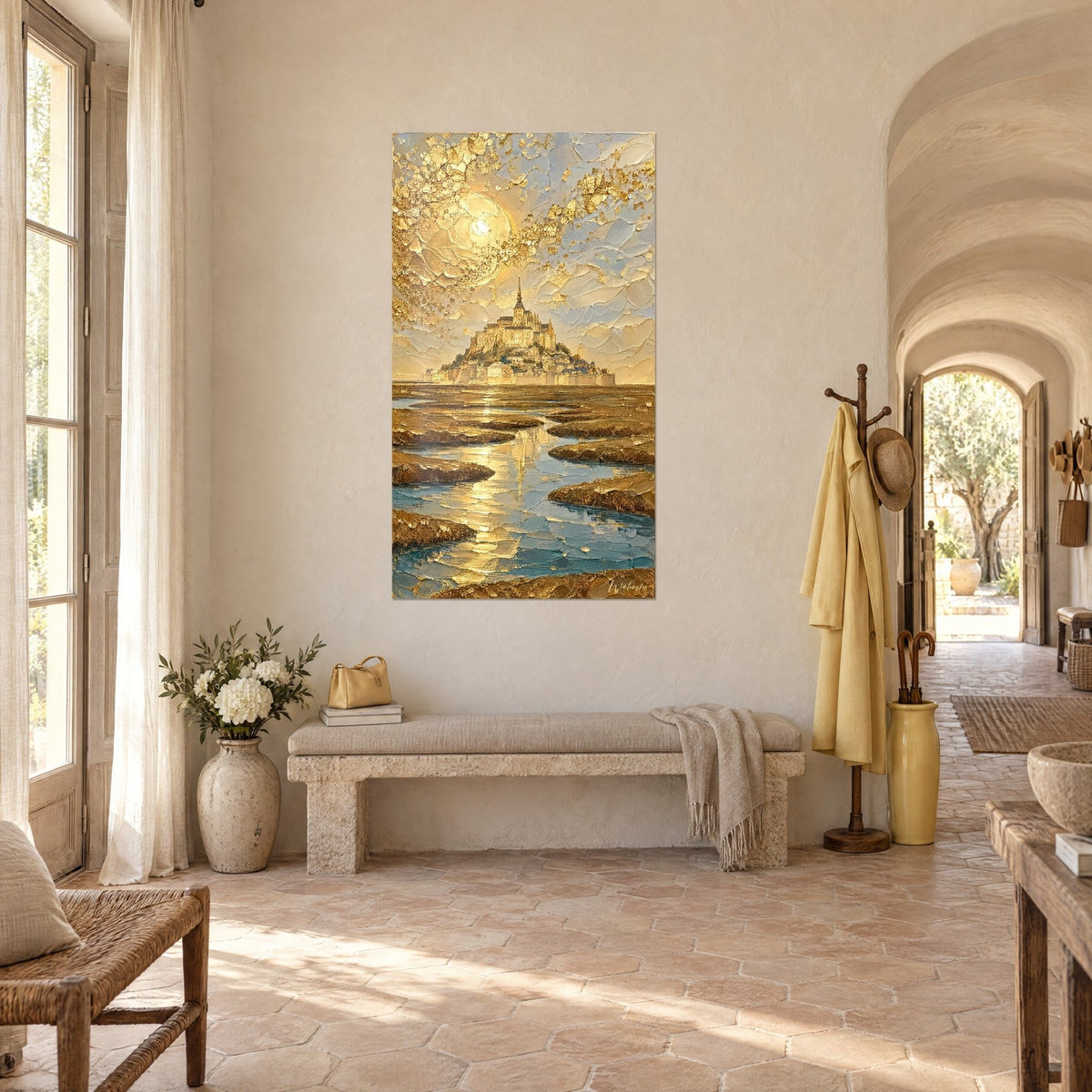 Quadro Mont-Saint-Michel a impasto d'oro, sole tondo, riflessi blu sulla riva, visto di tre quarti, casolare provenzale