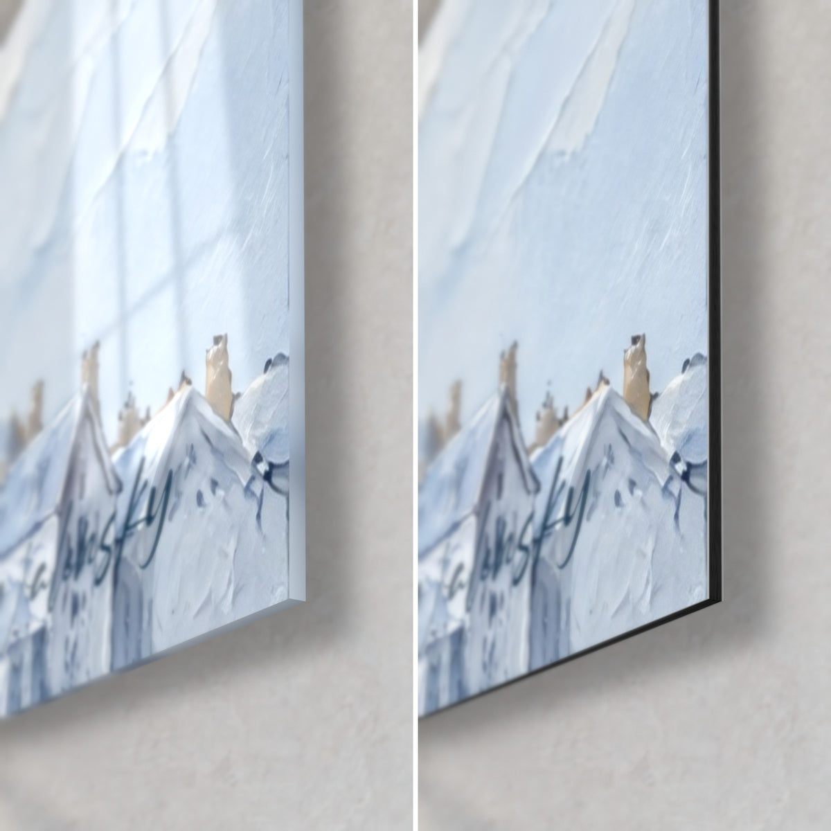 Quadro Mont-Saint-Michel, angolo in basso a destra: tetti azzurro ghiaccio in rilievo, vetro lucido a sinistra, Dibond opaco a destra, bordo sottile