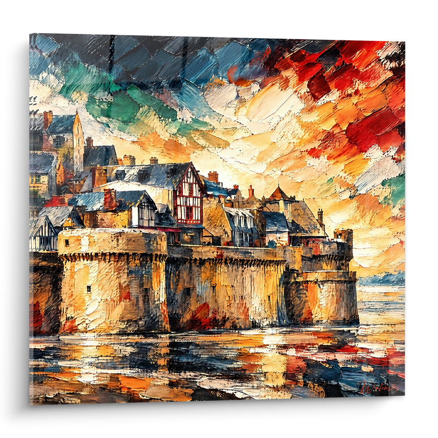 Tableau Remparts dorés et ciel rouge flamboyant - Lumière de fin de jour - Edition Le Mont-Saint-Michel  Normandie  France