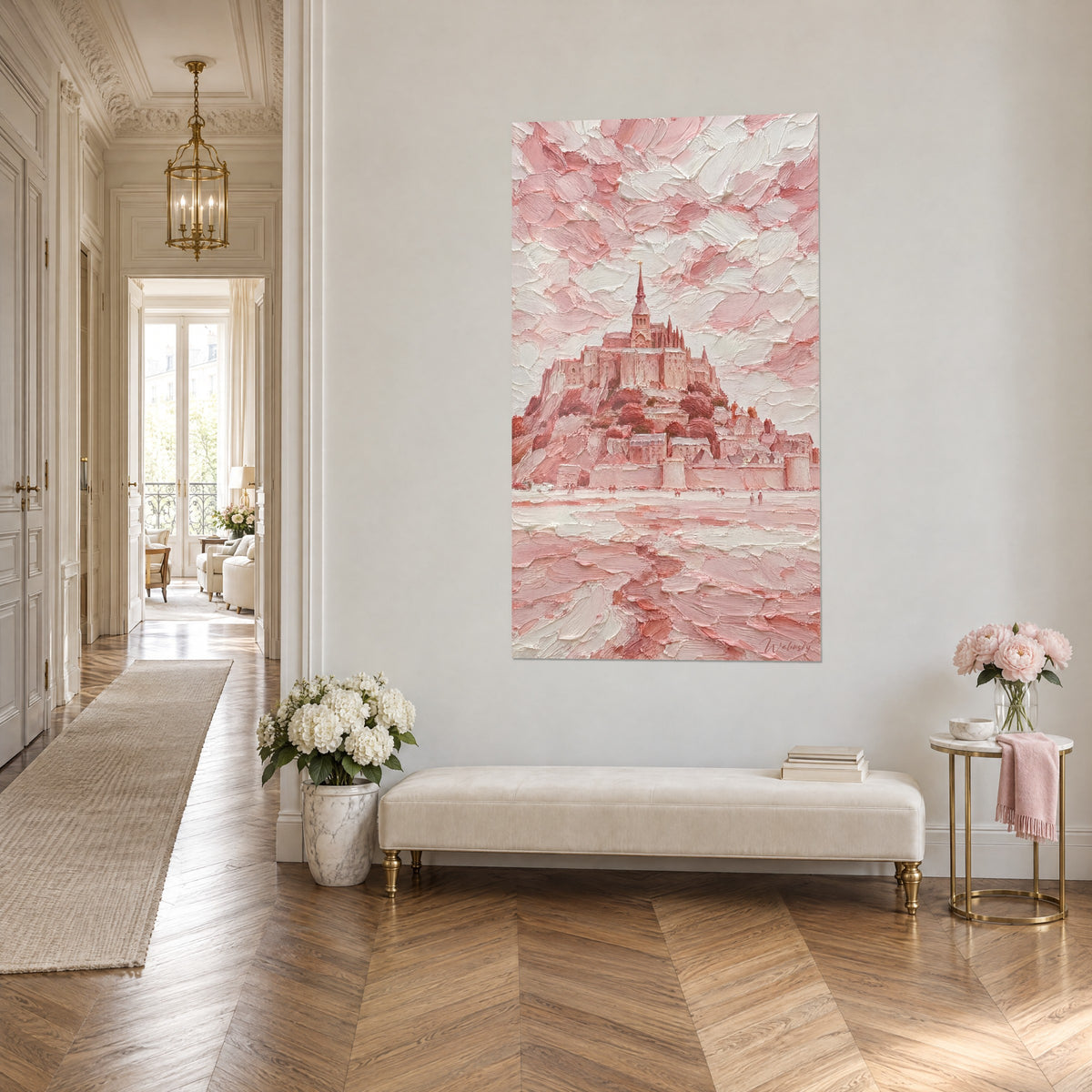 Schilderij Mont-Saint-Michel in dikke verf, poederroze en wit, stadsmuren en wadden, Haussmann-gang en crèmekleurige bank