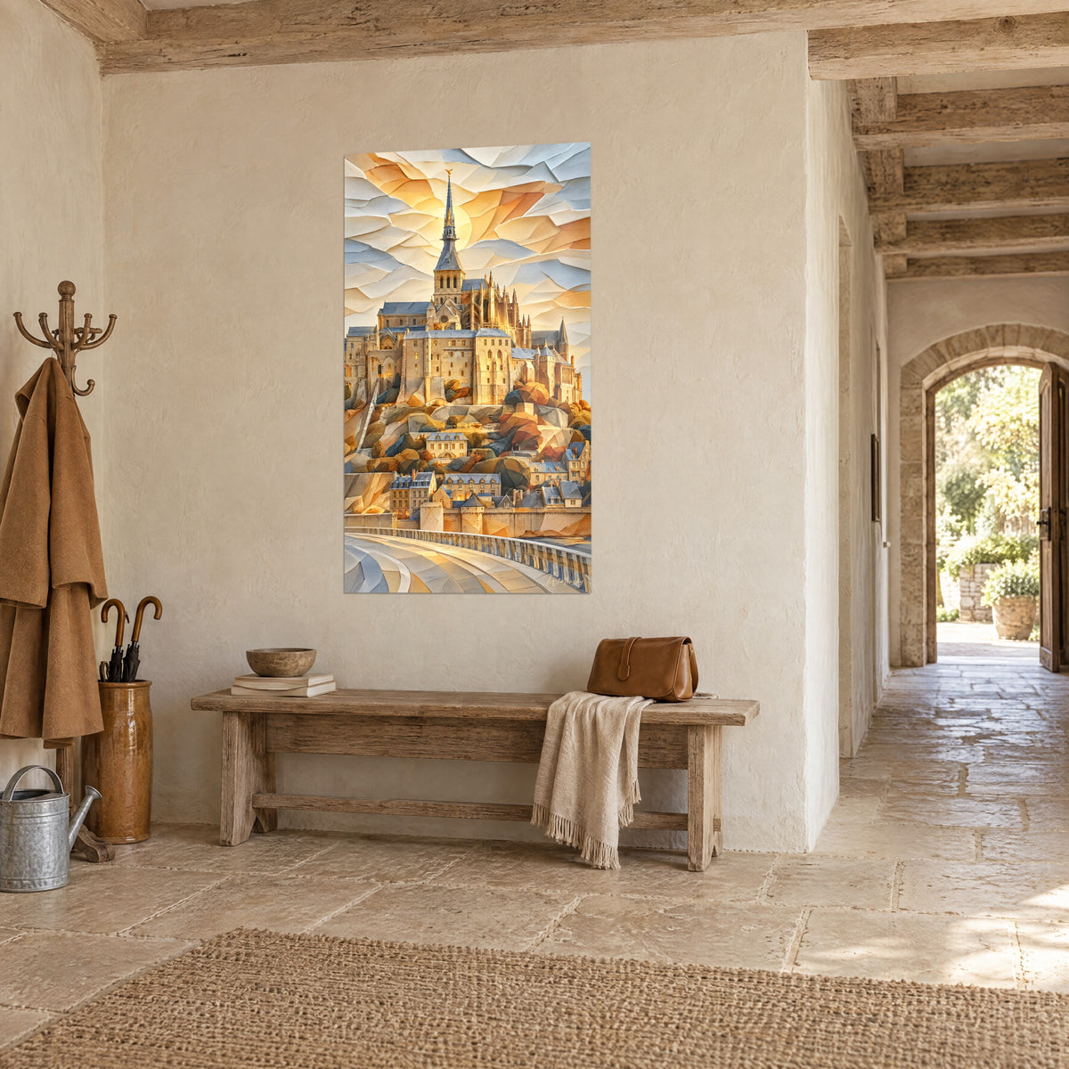 Cuadro Mont-Saint-Michel en facetas grises y naranjas, murallas y tejados de pizarra, en un pasillo de piedra clara