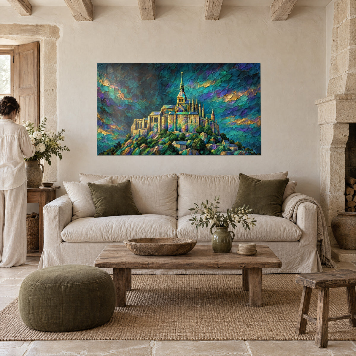 Schilderij gouden abdij op haar rots, turquoise en paarse wolken in dikke verf, boven een bank in een lichte woonkamer