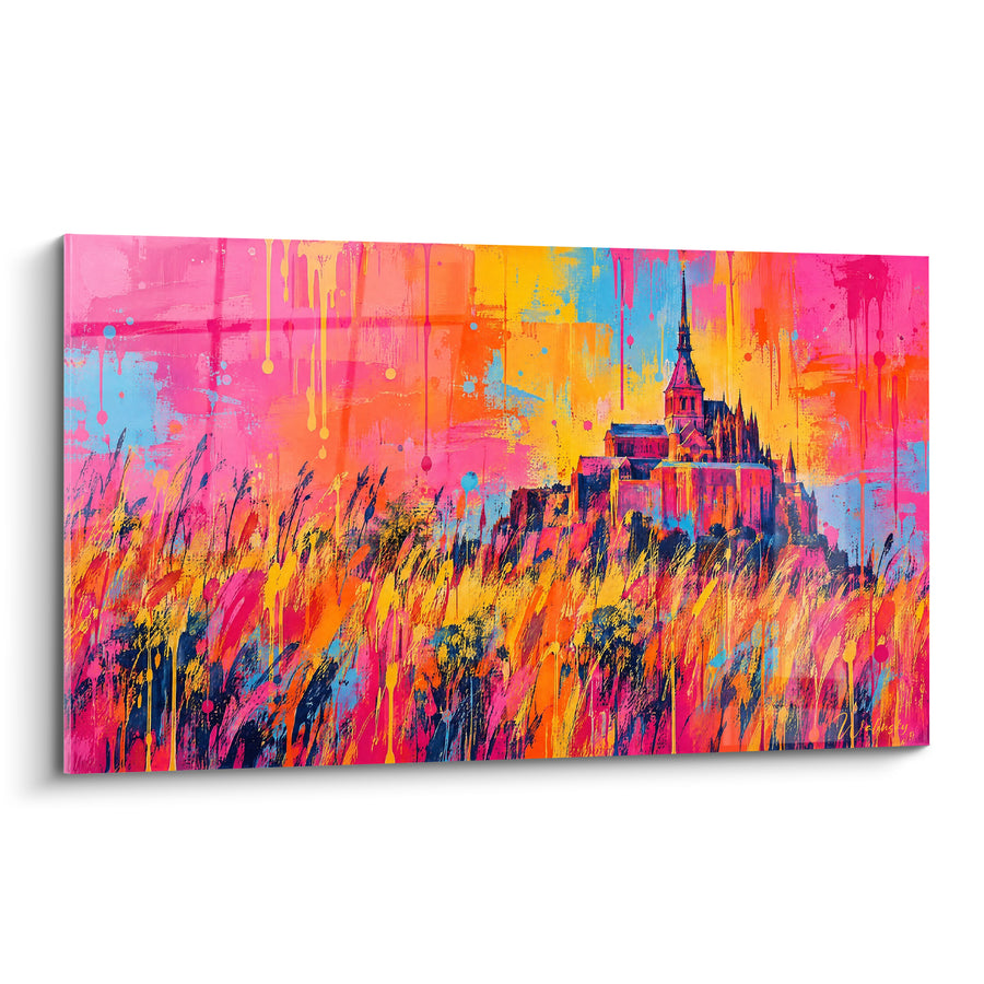 Painting Abbey pink and orange with vivid streaks - Festive Blaze - Limited Edition The Mont-Saint-Michel Normandy France