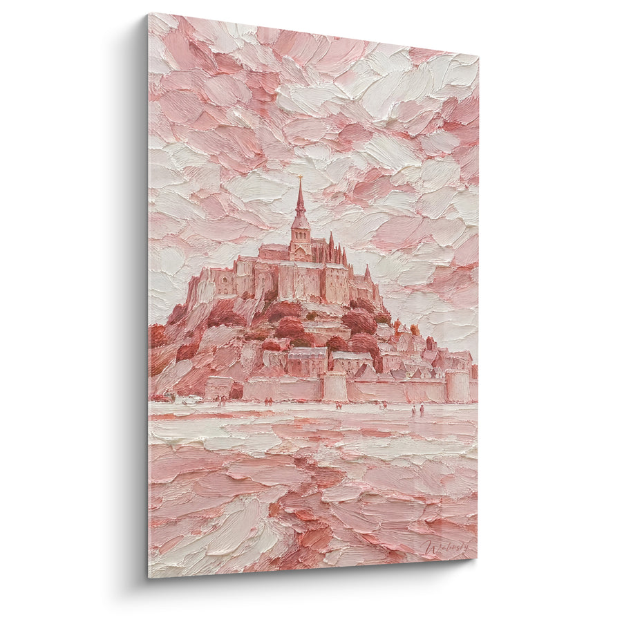 Tableau Abbaye rose poudré et blanc crème - Brume rosée - Edition Le Mont-Saint-Michel  Normandie  France