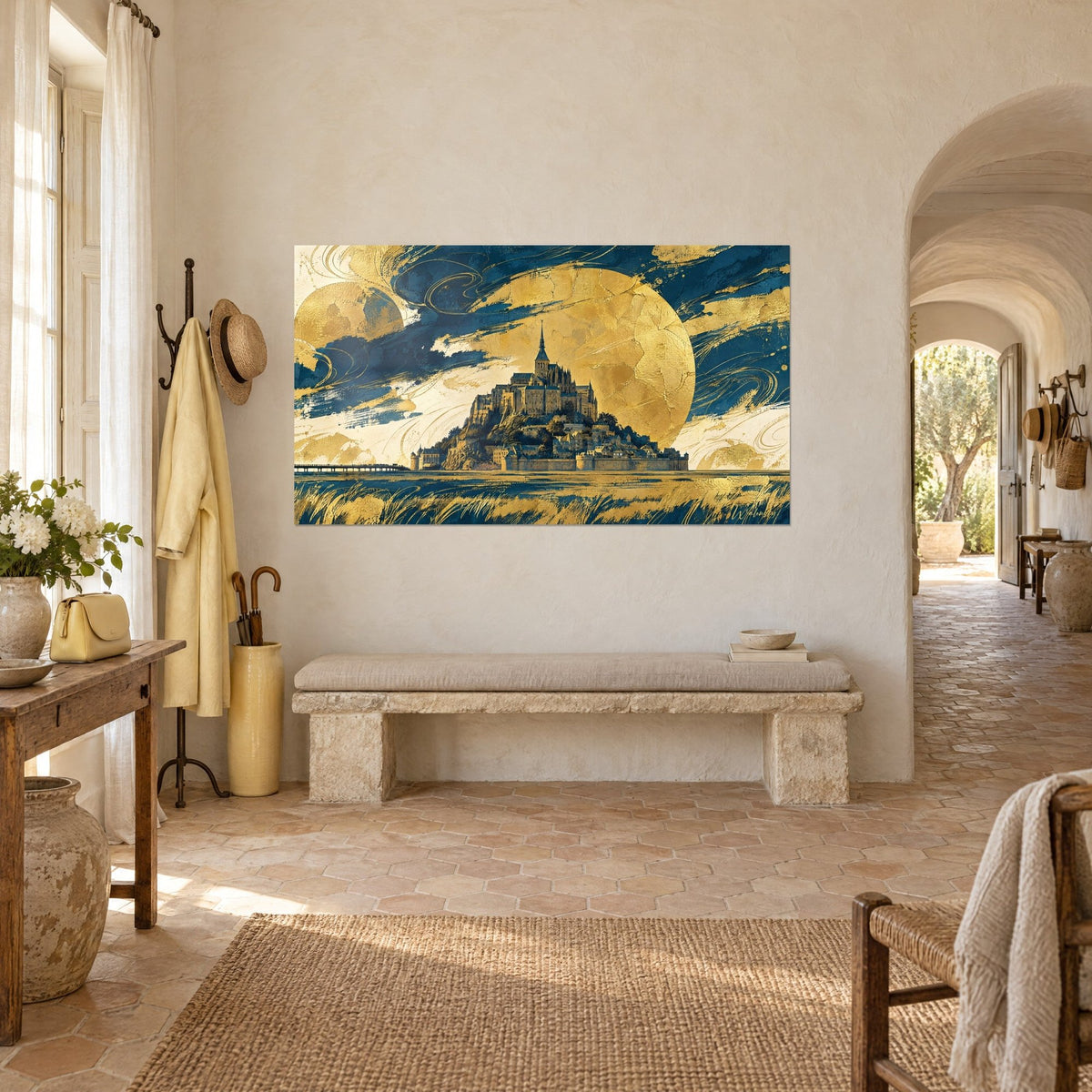 Gemälde Mont-Saint-Michel in nachtblauer Lavierung und Blattgold, schlanker Turm, cremefarbene Wand und Bogen eines provenzalischen Landguts