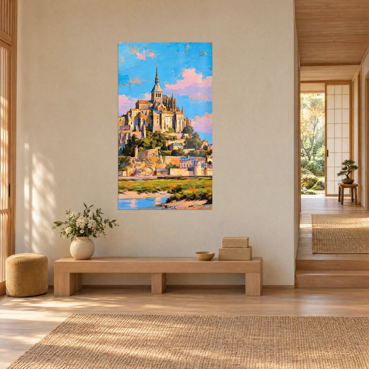 Tableau Mont-Saint-Michel en peinture à l'huile, pierre ocre et ciel bleu strié de rose, vue de trois-quarts dans un couloir japandi