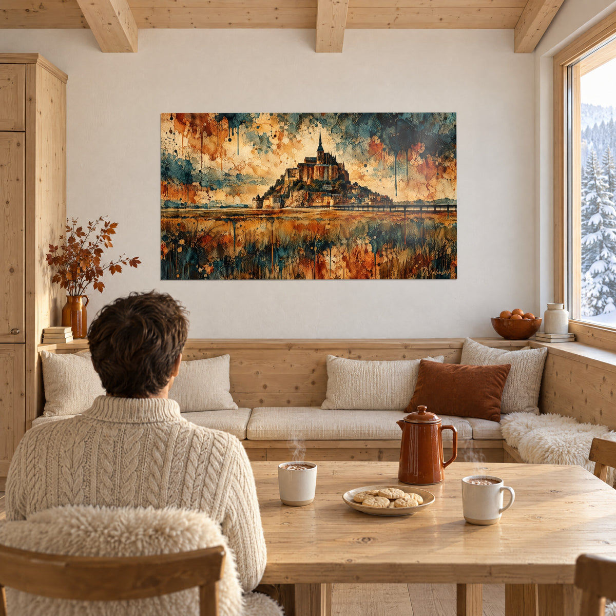 Cuadro bahía normanda y hierbas de playa en óxido y verde oscuro, en la pared de un salón de chalet junto a un gran ventanal