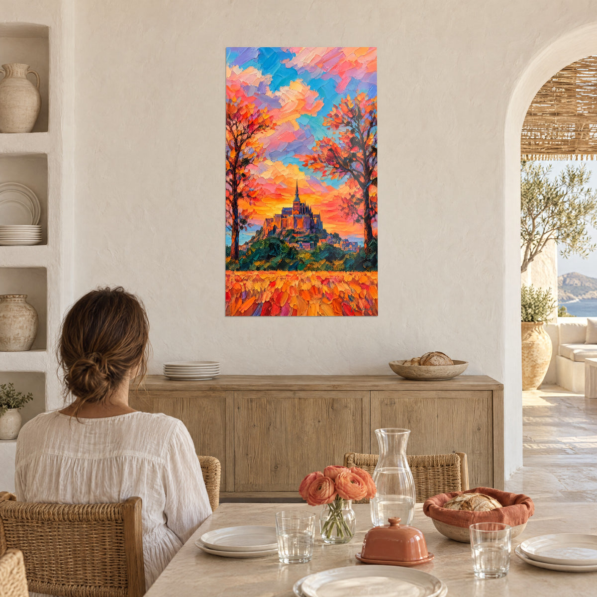 Quadro monastero su una collina, cielo in tonalità pastello rosa e azzurro, campo di petali rossi, di fronte a una tavola da colazione apparecchiata