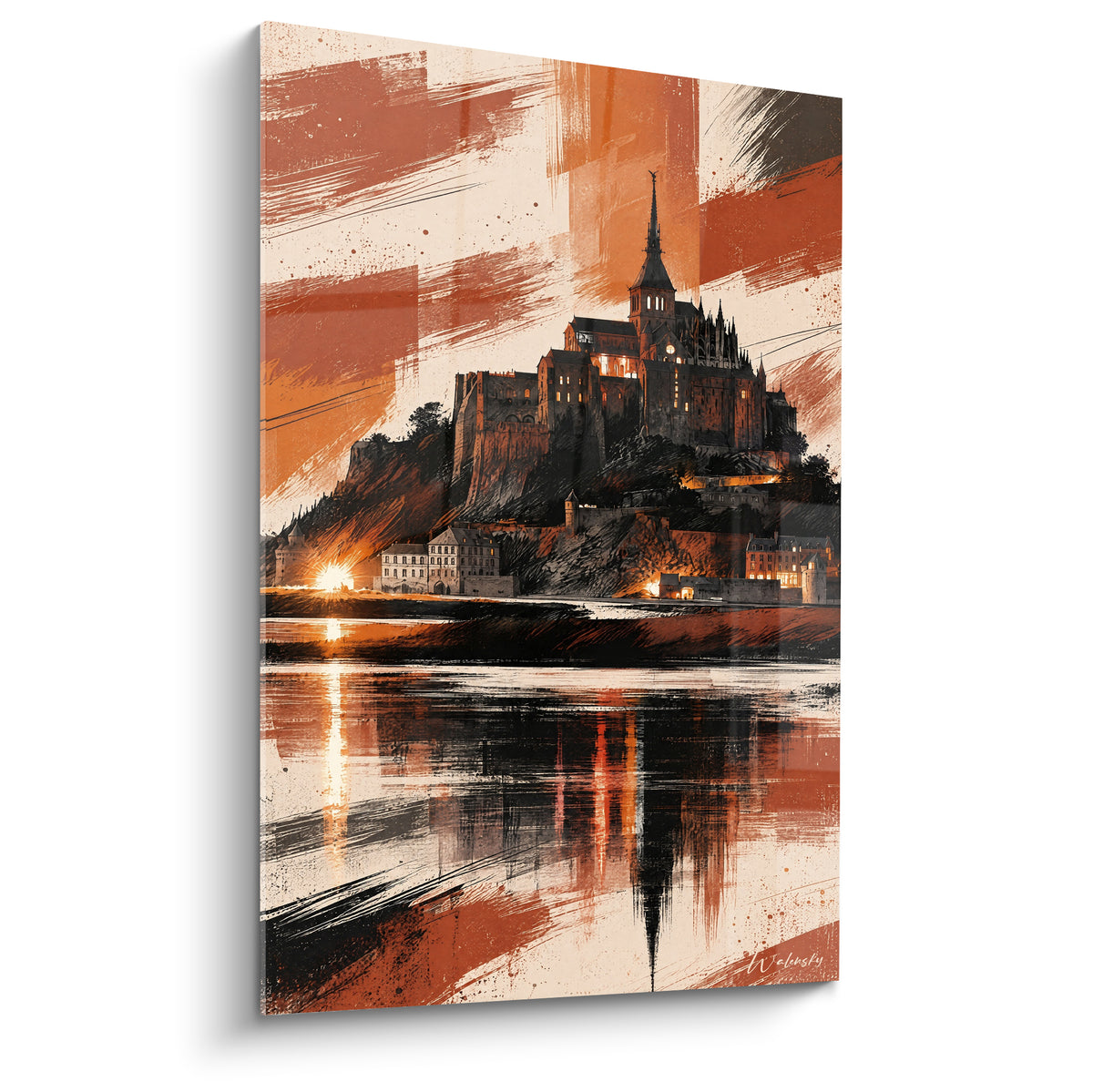 Abbaye du Mont-Saint-Michel en terracotta et noir, reflet doré sur la baie au coucher du soleil